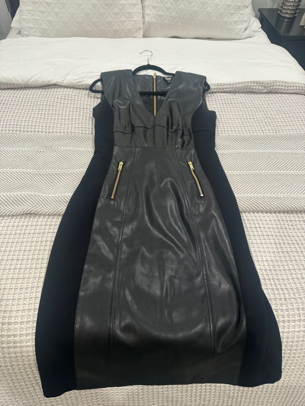INC International Concepts Black Faux Leather Midi Dress with Gold Zip
